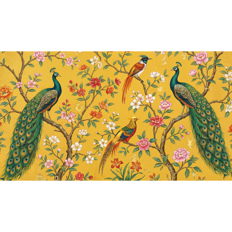 Peacocks Wallpaper Floral Birds Wall Mural, 160"x108", Peel and Stick