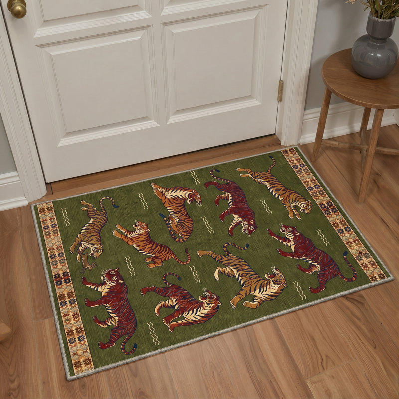 Abrahamson Tigris Animal Print Machine Washable Green Indoor Area Rug with Non-Slip Backing, Rectangle 9' x 12'
