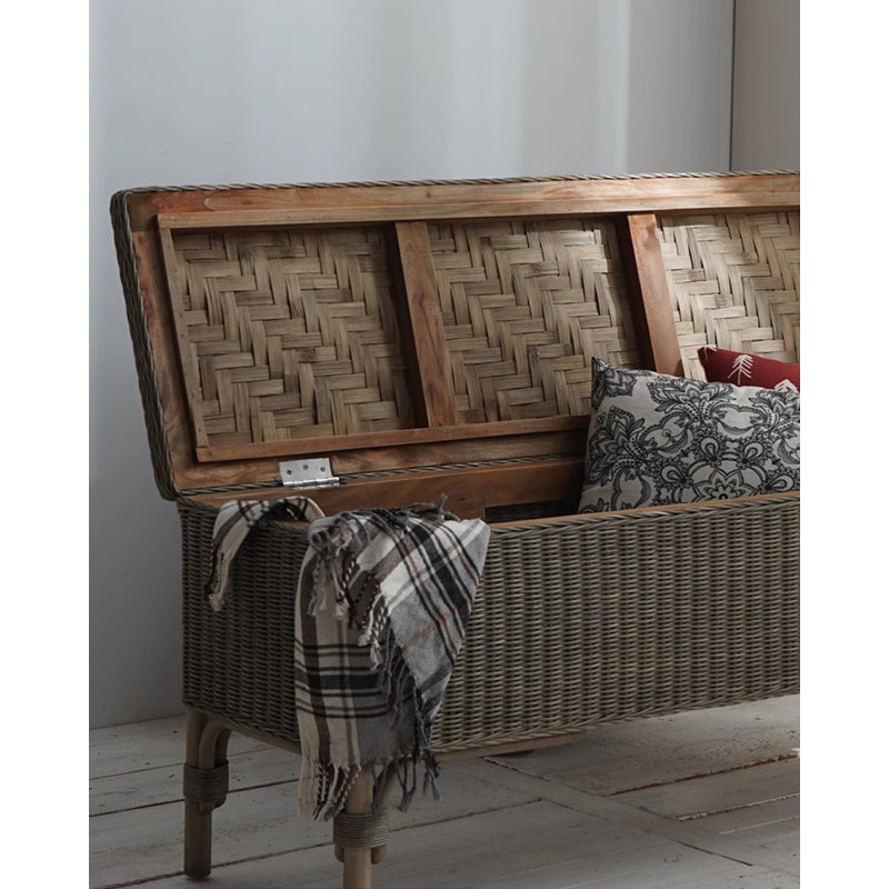 B&B Style Rattan Weaving Home Shoe Changing Stool Japanese-Style Real Rattan Bench Bedside Stool, Gray