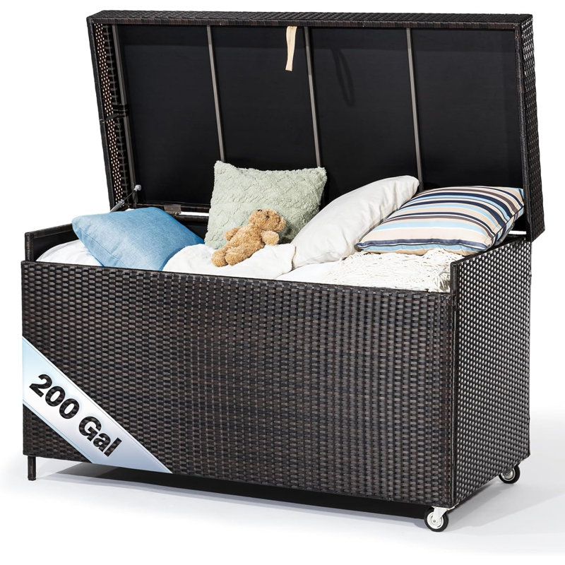 Bme 200 Gallon Water Resistant Wicker Deck Box with Wheels, Brown