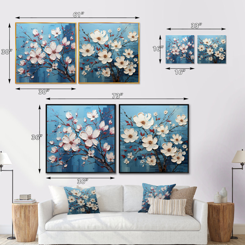 Blooms Expressionist Vitality - Ensemble de 2 collages carrés cornouiller, H 16 po x l 33 po, Toile tendue