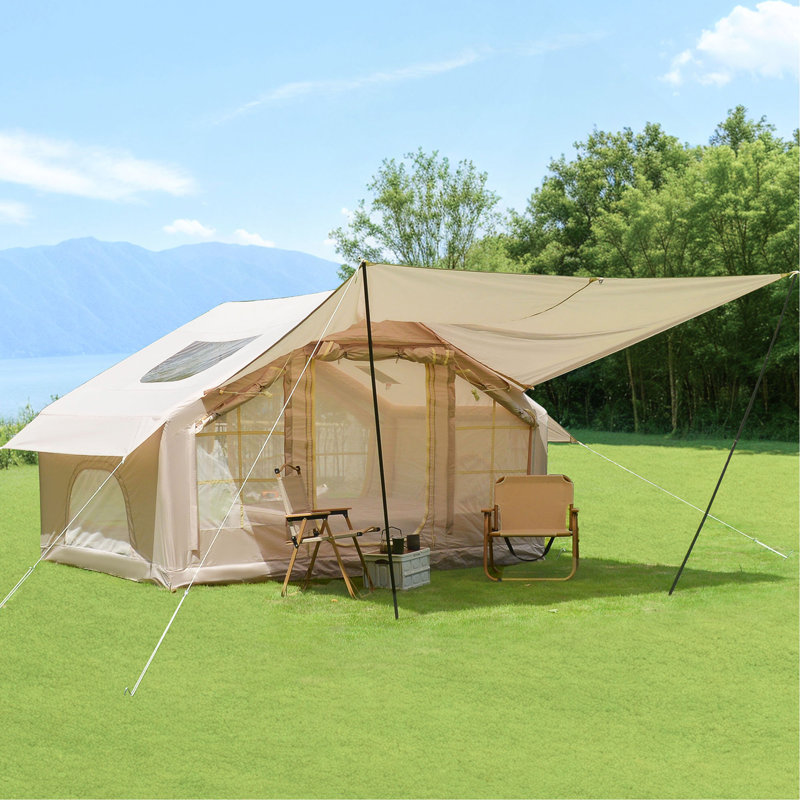 Tente de camping gonflable de 6,3 m² avec auvent, imperméable 4 saisons, coupe-vent transparente, lanterneau transparent et Oxford 420D imperméable, tente d'air avec fenêtres / portes en filet
