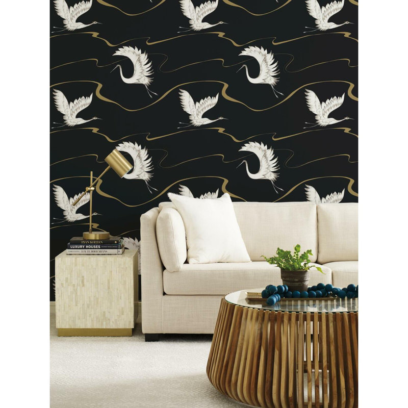 Soaring Cranes 27' L x 27" W Wallpaper Roll, Black/Gold