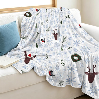 Jeté en flanelle bleue ultra douce, imprimé recto de Noël avec cerf