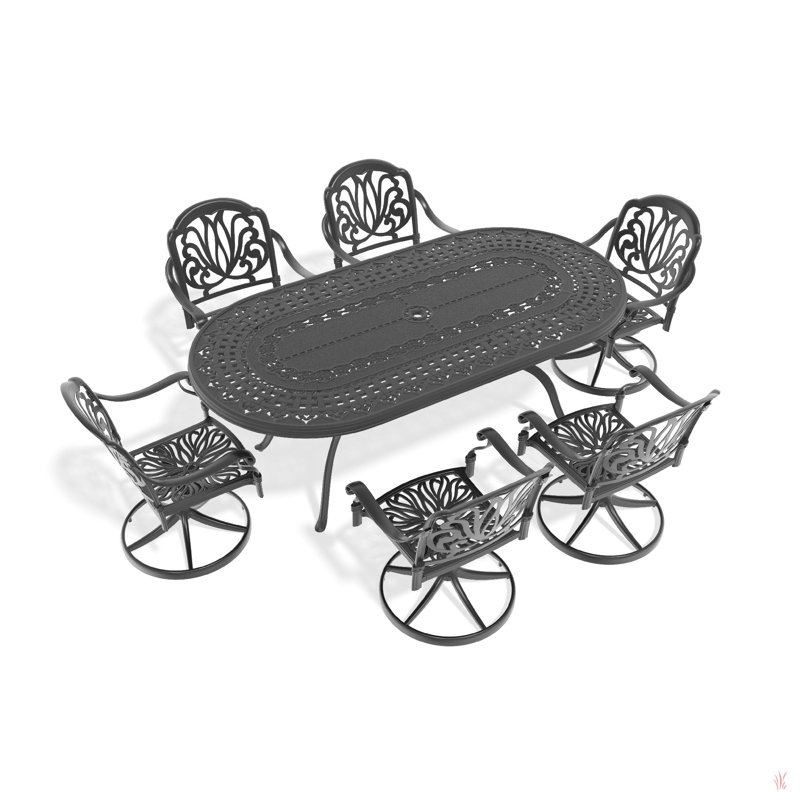 Cet ensemble de salle à manger en fonte d'aluminium toutes saisons comprend des chaises pivotantes et une table ronde avec cadre noir