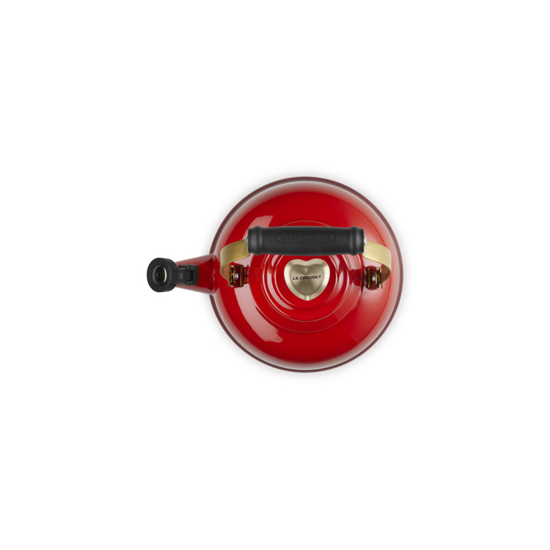 Le Creuset Enamel On Steel Whistling Kettle 1.7 Qt Cerise Light Gold Heart Knob, Red