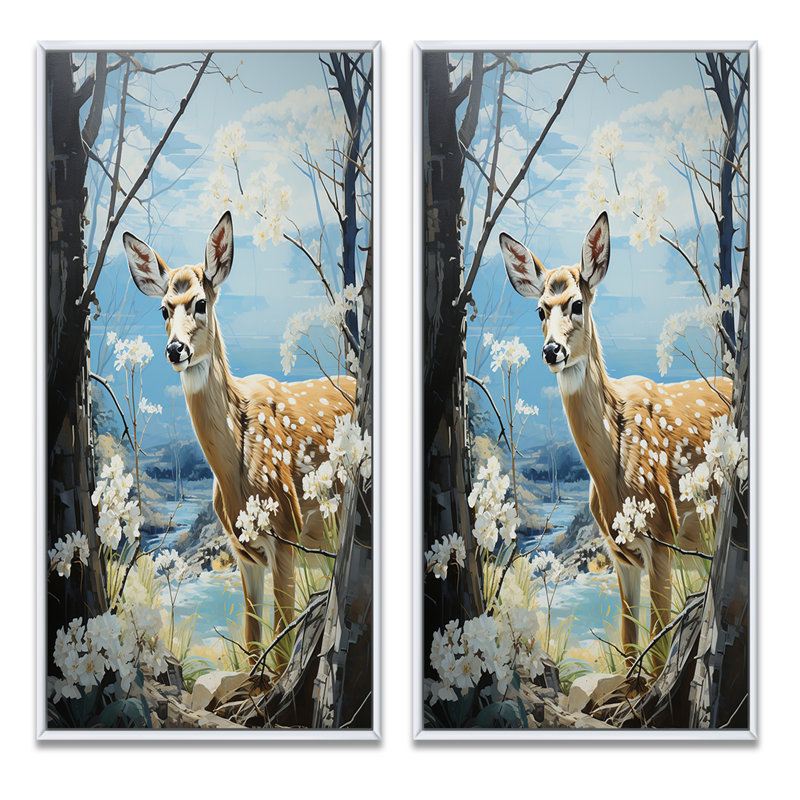 «Deer Graceful Fawn Pastoral», 2 pièces, H 20 po x l 24 po, Cadre blanc
