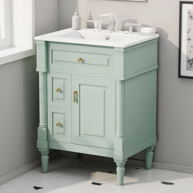 Meuble-lavabo moderne 24 po pour petits espaces, armoire avec tiroir rabattable et tablette réglable, meuble-lavabo autoportant en bois massif avec lavabo