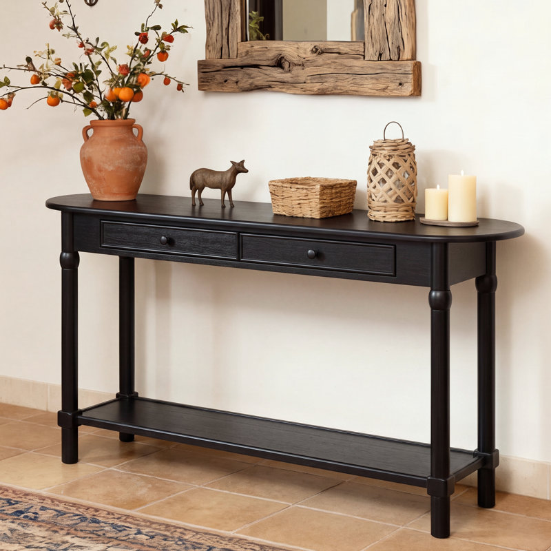 Console Faronne de style traditionnel en bois massif de 151 cm de long, avec pieds tournés, 2 tiroirs et une tablette inférieure, idéale pour l'entrée et le salon.