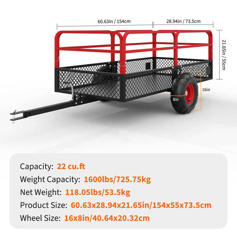 Remorque à benne robuste de 725 kg (1 600 lb) – Remorque utilitaire tractée de 623 litres (22 pi³) – Côtés amovibles, pneus tout-terrain, compatible avec VTT/VUTT, tracteur tondeuse, tondeuse – Châssis grillagé, clôture et moyeu rouges
