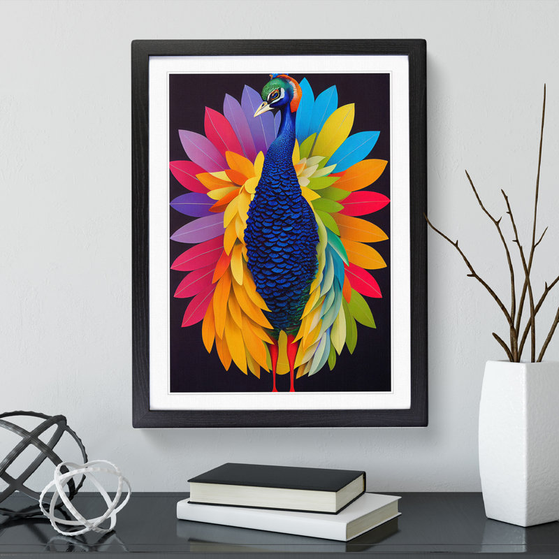 Bold Peacock No.4 - Single Picture Frame Painting, 64cm H x 46cm W x 2cm D, Black