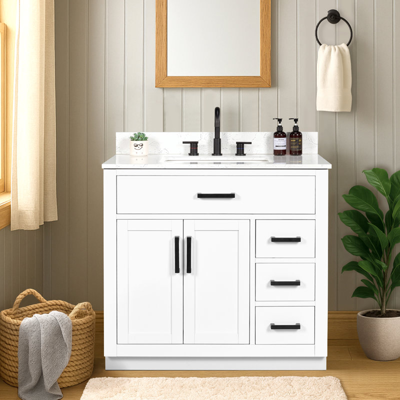 Meuble-lavabo simple 36 po avec tiroir, tablette, prise de courant et plateau en marbre d'ingénierie, Blanc