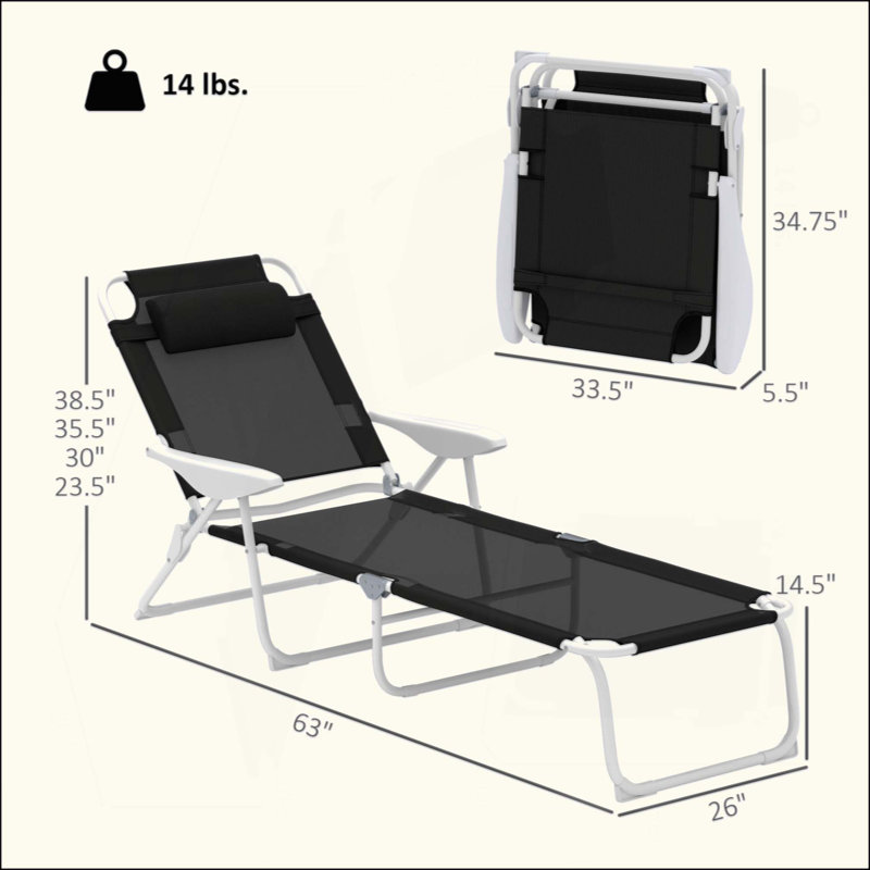 Chaise de bronzage d'extérieur, chaise longue pliante, Noir, Blanc