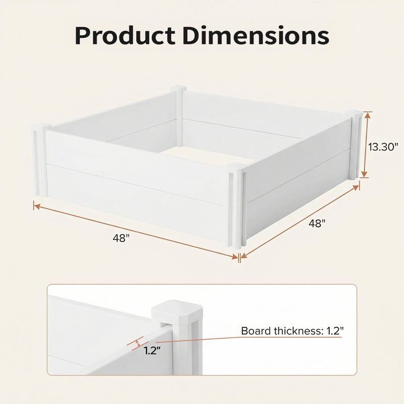 White PVC Rectangular Outdoor Raised Garden Bed, 13.3"H x 48"W x 48"D