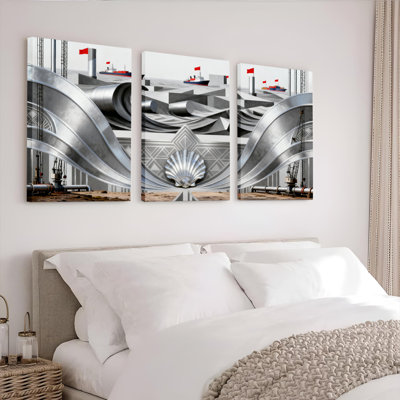 Abstract Industrial Landscape with Metallic Waves and Shell Motif Canvas Wrapped Wall Art Oil Painting Print Set of 3