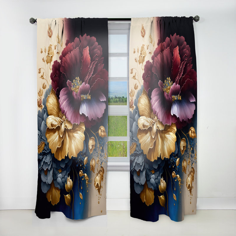 Rideau floral en velours bourgogne et bleu I - 1 panneau, L 52 po x L 108 po