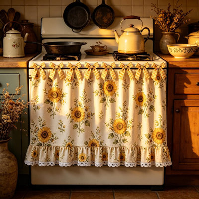 Jupe de four de style ferme, rideau de cuisine avec bordure en dentelle, en mélange de coton, à nouer avec rubans, rideau pour appareils électroménagers, décoration rustique de cuisine de style cottage