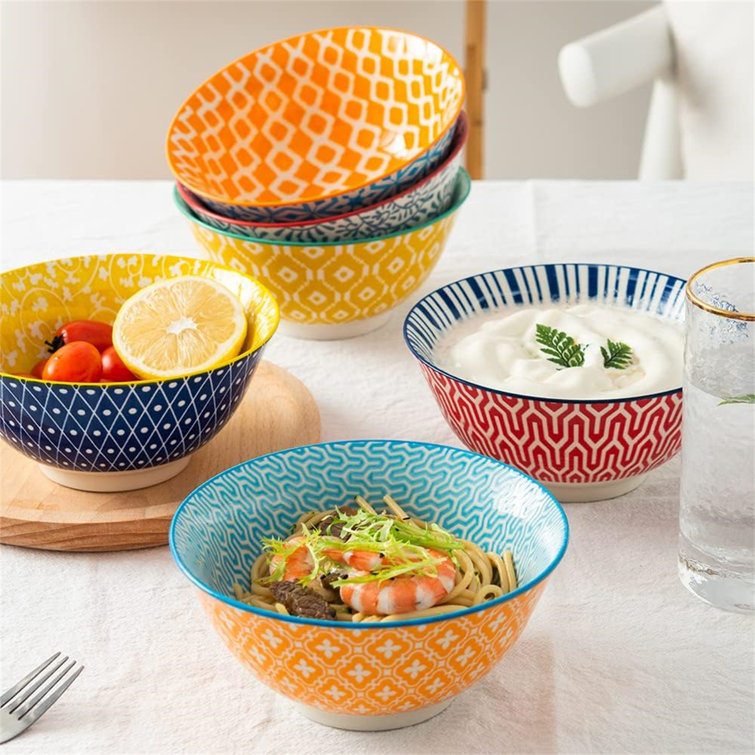 Ceramic Cereal, Soup Bowls Set of 6-25 Oz Deep Colorful Porcelain Serving  Bowls