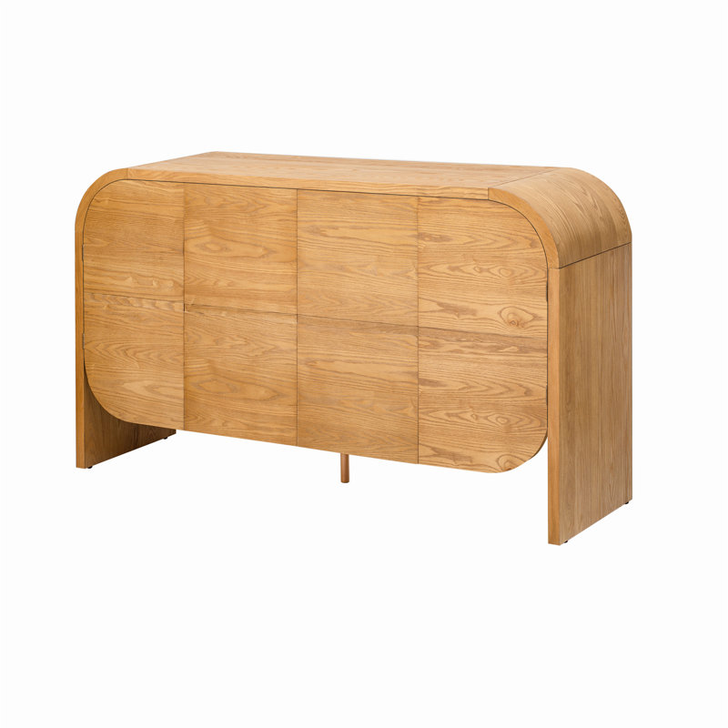 Buffet rétro avec bord arrondi, 4 portes, tablettes réglables pour le salon et la cuisine, Naturel