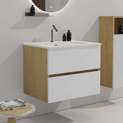Large Storage Wall Mounted Bathroom Vanity With Integrated Ceramic Sink With Overflow, Pre-Assembled