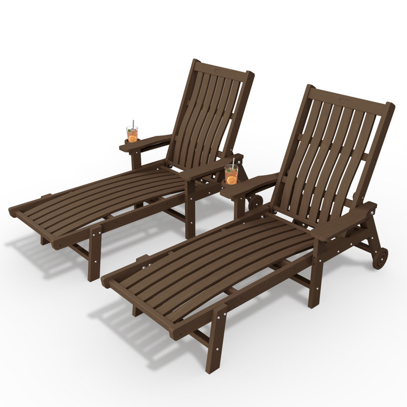 Brown Outdoor HDPE Adjustable Reclining Chaise Lounge Chair With Wheels & Cup Holder (Set of 2), Brown, 2