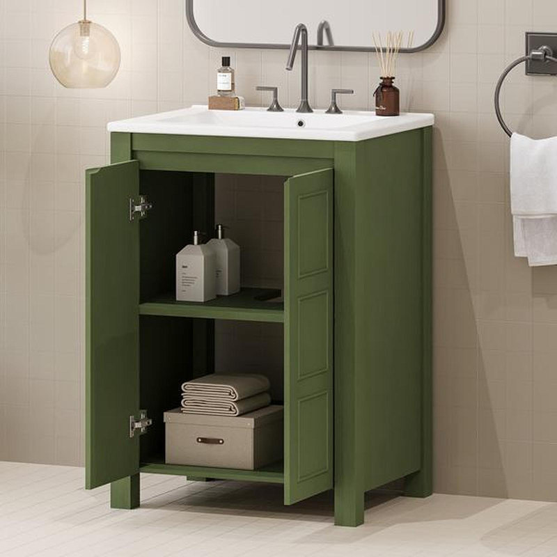 Petit meuble-lavabo de style vintage 24 po avec lavabo en céramique, 2 portes à fermeture douce, tablette réglable