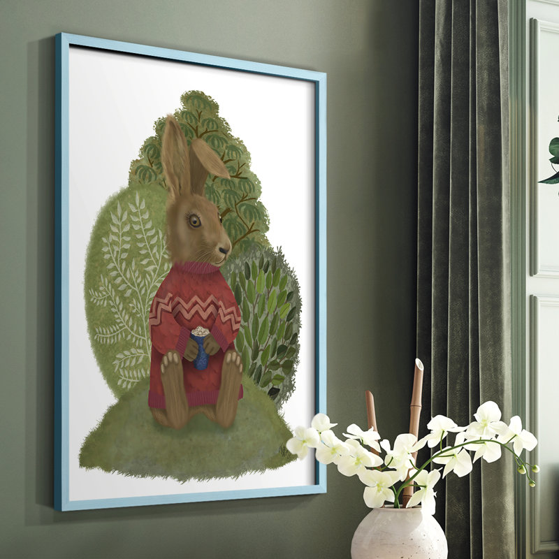 Lapin latte dans un chandail, reproduction encadrée - bois massif, Bleu, H 10 po x l 8 po