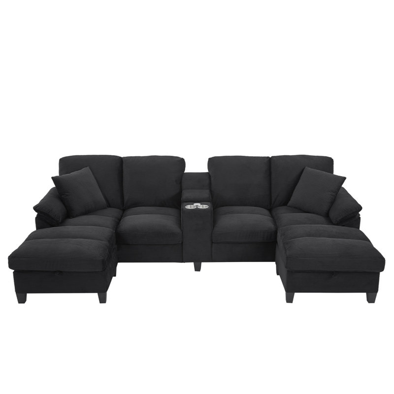 Canapé modulaire rembourré en velours côtelé de 116,9 po Modern Ushaped, Velours côtelé noir