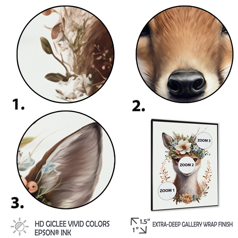 Adorable bébé renard avec couronne florale II - reproduction d'art sur toile, Toile avec cadre photo noir