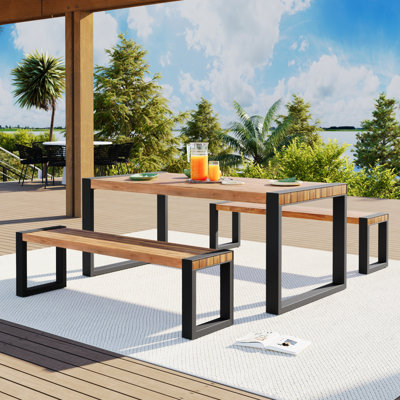 4-Person Solid Acacia Wood and Metal Rectangular Dining Set