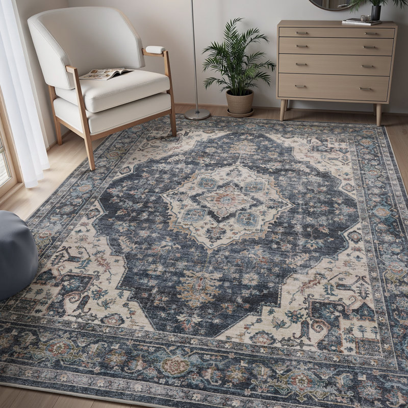 Tapis oriental doux bleu marine lavable à la machine pour le salon, la chambre à coucher, Marine, Rectangulaire 8 pi x 10 pi