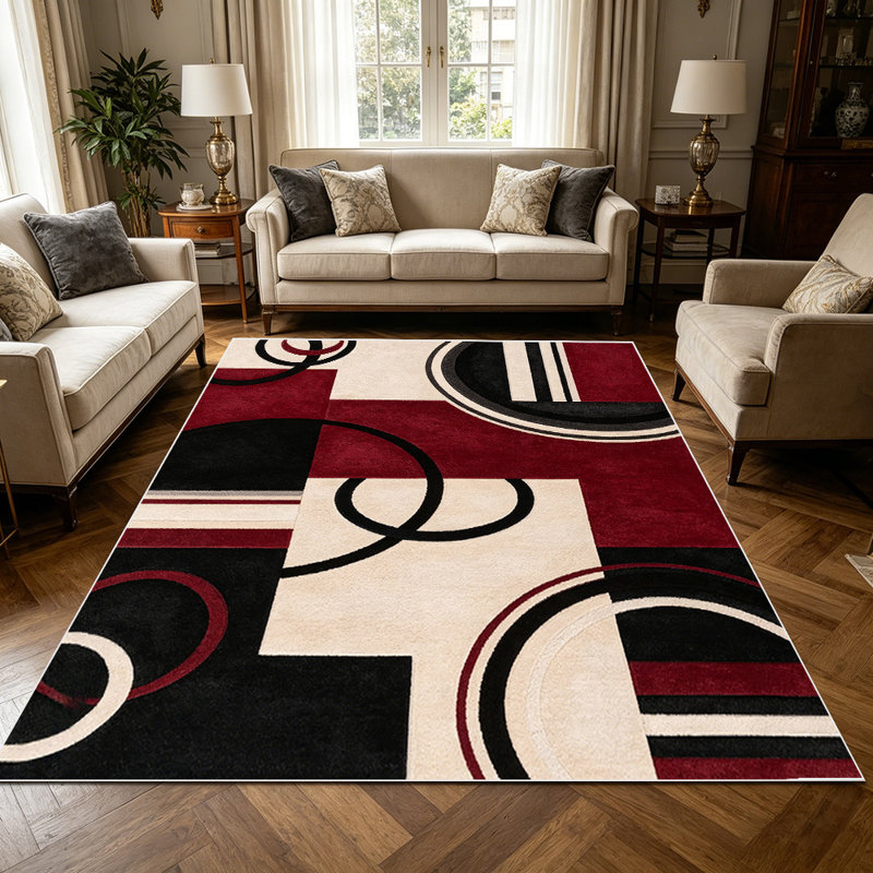1PC Modern Geometric Burgundy Black Circle Block Pattern area rugs for Living Room, Soft, All seasons, Washable Indoor mat, Under Table suitable for dining room, bedroom, home office, entryway, kitchen, Home Decor, Outdoor Decor.