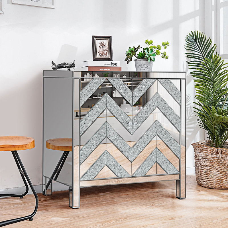 Armoire de rangement en bois avec garniture miroir Karrol, Argent / gris 2