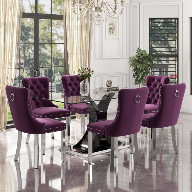 Ensemble de table de salle à manger rectangulaire en verre trempé, Mauve, 7, Noir