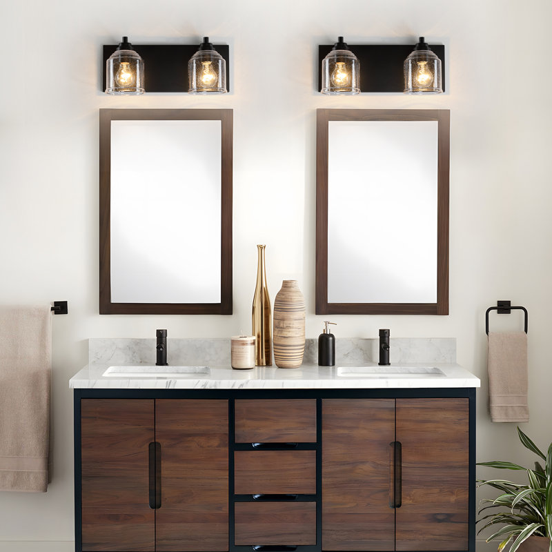 Modern Farmhouse Dimmable Bathroom Vanity Light with Seeded Glass and One-Piece Backplate, 2, Matte Black