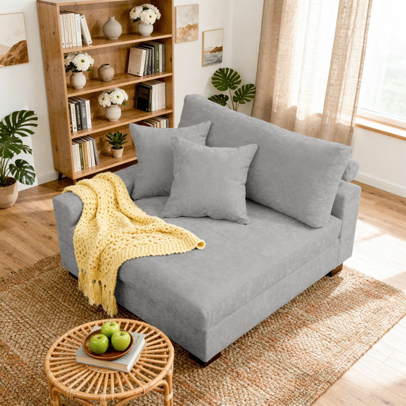 Fauteuil rembourré avec dossier coussiné et pieds en bois massif, Gris, Chenille