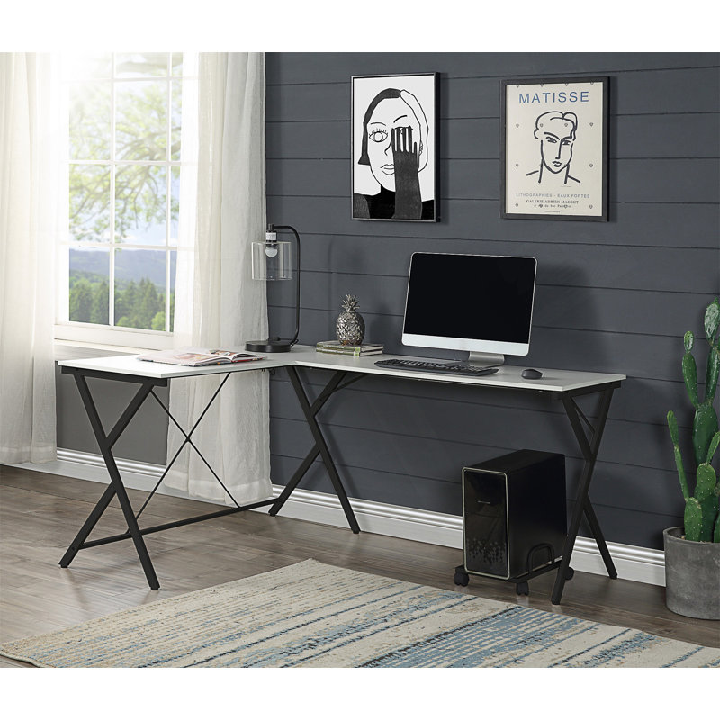 Photiades Glass L-Shape Corner Computer Desk, White, 28" H x 62" W x 47" D