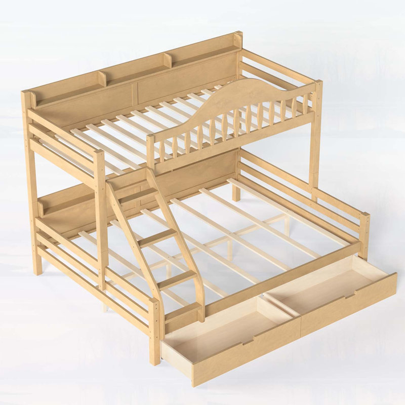 Lit superposé simple au-dessus de grand lit simple avec rangement, garde-corps courbés et tablettes, structure en bois massif, aucun sommier tapissier requis, finition naturelle