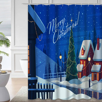 Rideau de douche Village Night Christmas Snow Winter Landscape avec 12 crochets
