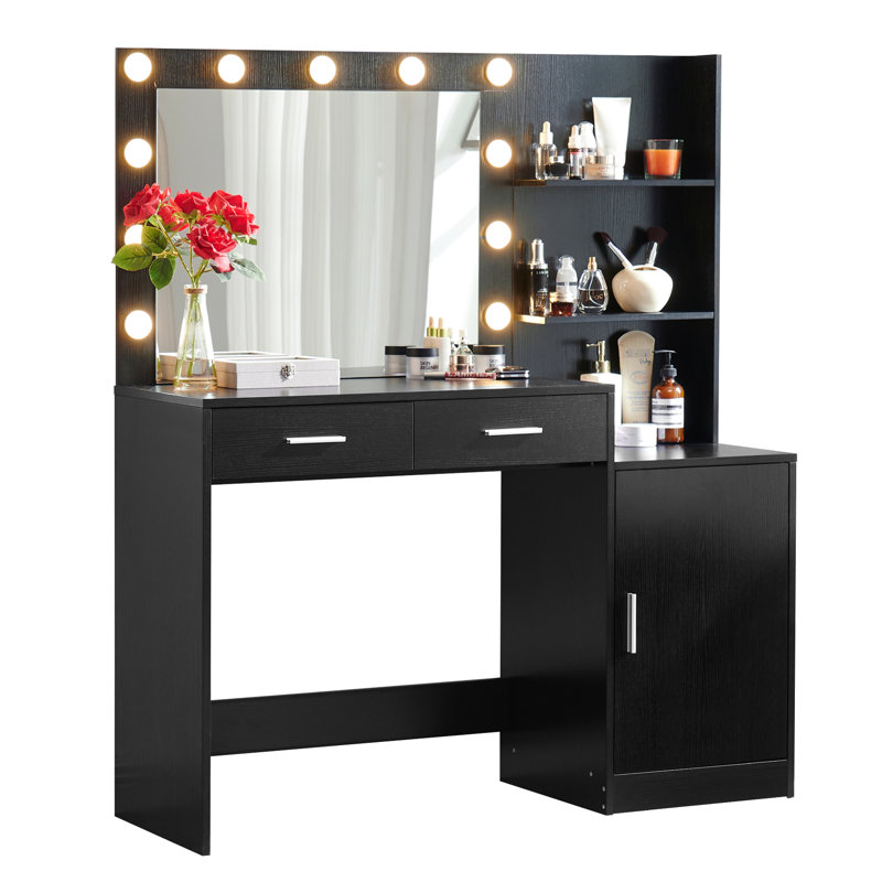 46.4In Dressing Table With Mirror And Lights - Vanity Desk 2 Large Drawers & Vertical Organizer, 3 Level Dresser, Adjustable Brightness Lighting Modes For Bedroom  Black