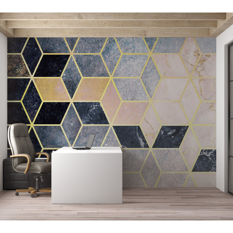 Murale abstraite pelez et collez - Motif géométrique bleu, L 40,92 po x l 57 po