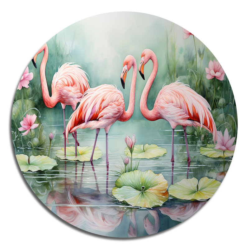 «Elegant Pink Flamingo Paradise», art mural rond en métal animaux, H 23 po x l 23 po