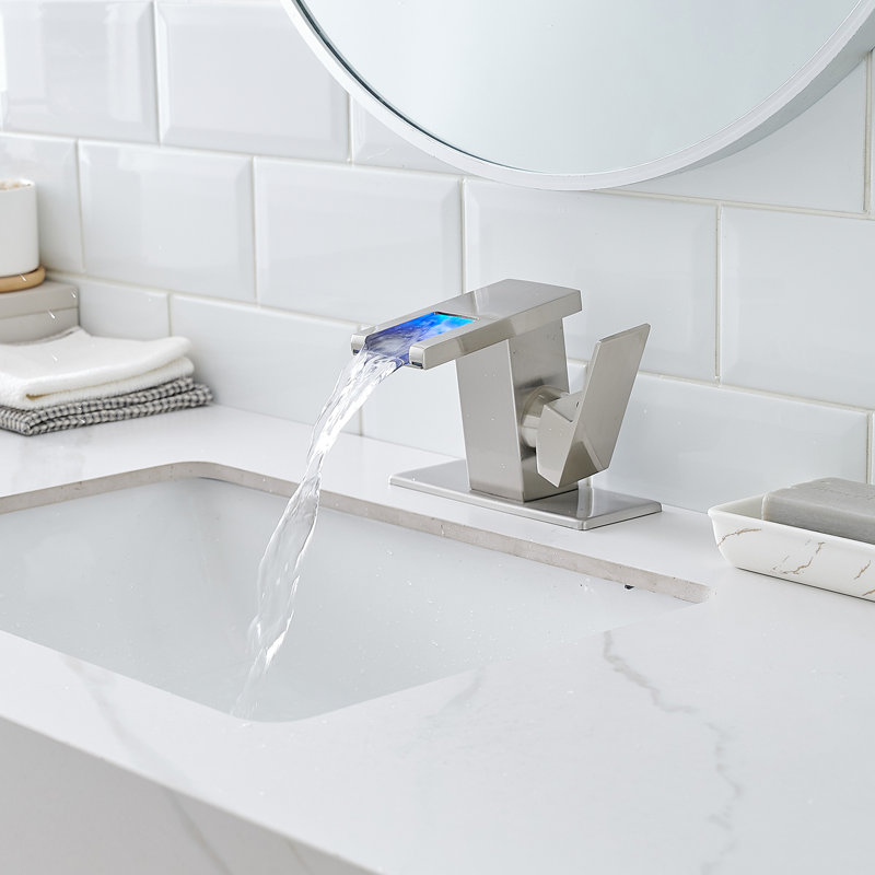 Brushed Nickel Bathroom Tap, Led , Waterfall Spout, Deck Mounted One Hole, Single Handle, Hot Cold Water Mixing Tap With Led, Hole Mount, Mixer