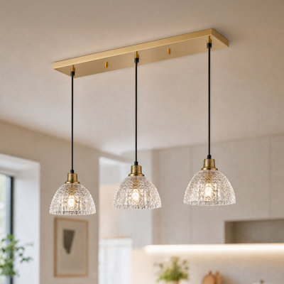  Luminaire suspendu pour îlot de cuisine 3 lumières 33,5 pouces avec abat-jour en verre transparent texturé écorce (ampoule non incluse)