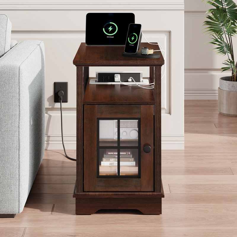 Analiesa End Table with Charging Station and Storage, Side Table with USB Ports and Outlets, Accent Table with Cabinet and Adjustable Shelf for Living Room, Bedroom