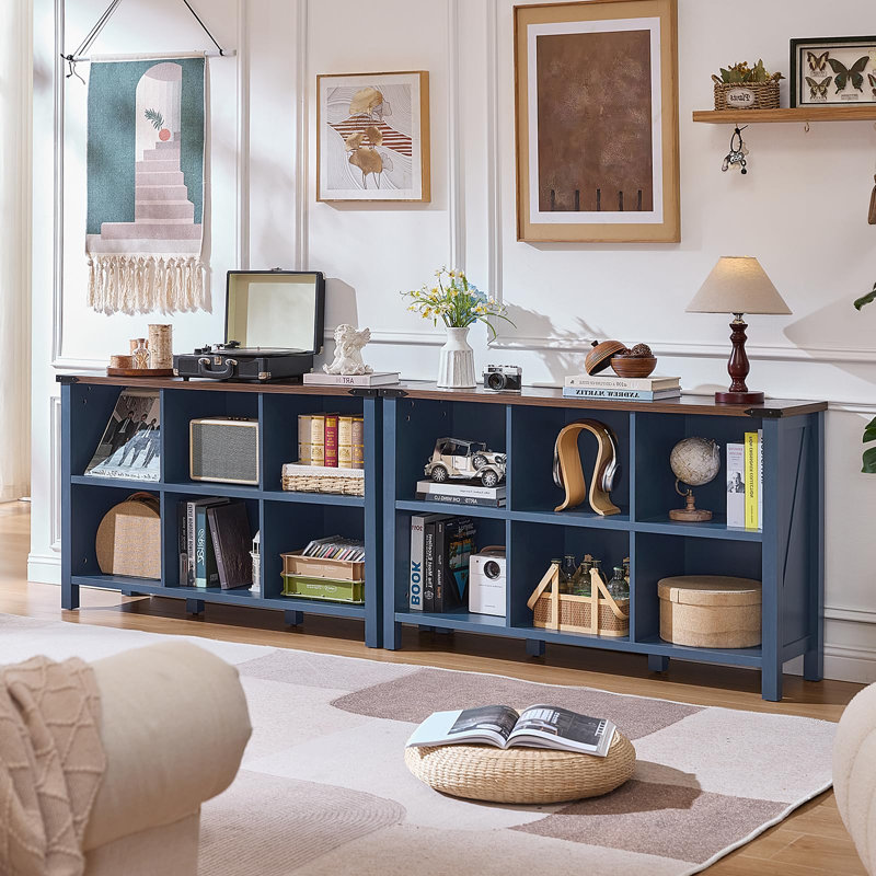 6 Cube Bookcase, Farmhouse Wood Low Storage Organizer Book Shelf, 47" Horizontal Navy Console Bookshelf With Legs, Hallway Book Case For Entryway, Display Cabinet For Living Room, Office