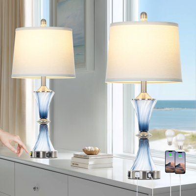 28" Coastal Glass USB Table Lamps with Night Light, Bulbs Included