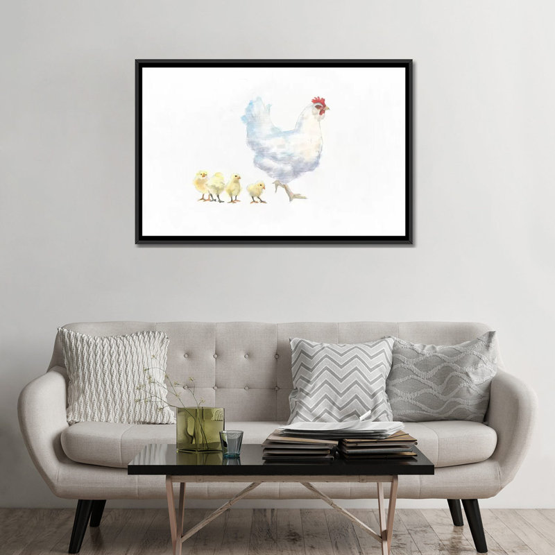 «Hen and Chickens», impression sur toile tendue, Toile avec cadre noir, Pas de tapis, H 32 po x l 48 po x P 1,5 po