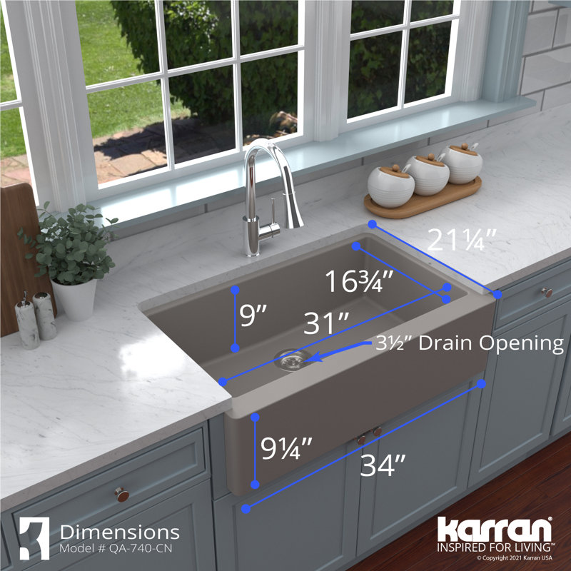 Karran Quartz 34'' X 21-1/4'' Single Bowl Farmhouse/Apron Front Kitchen Sink Kit, Concrete