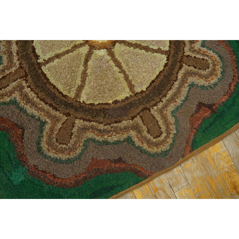 Antique Green Pictorial Sailboat Steering Wheel Helm Pattern Square American Folk Art Hooked Rug
